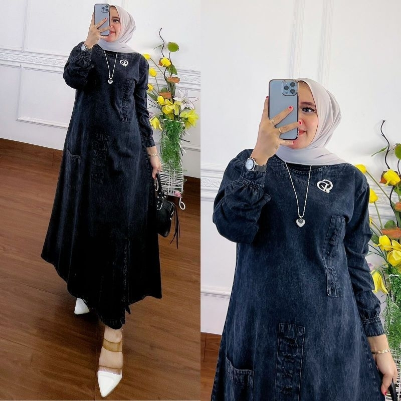 Jual Gamis Jeans Briska Maxy Dress Light Snow Baju Muslim Pakaian Wanita Model Terbaru