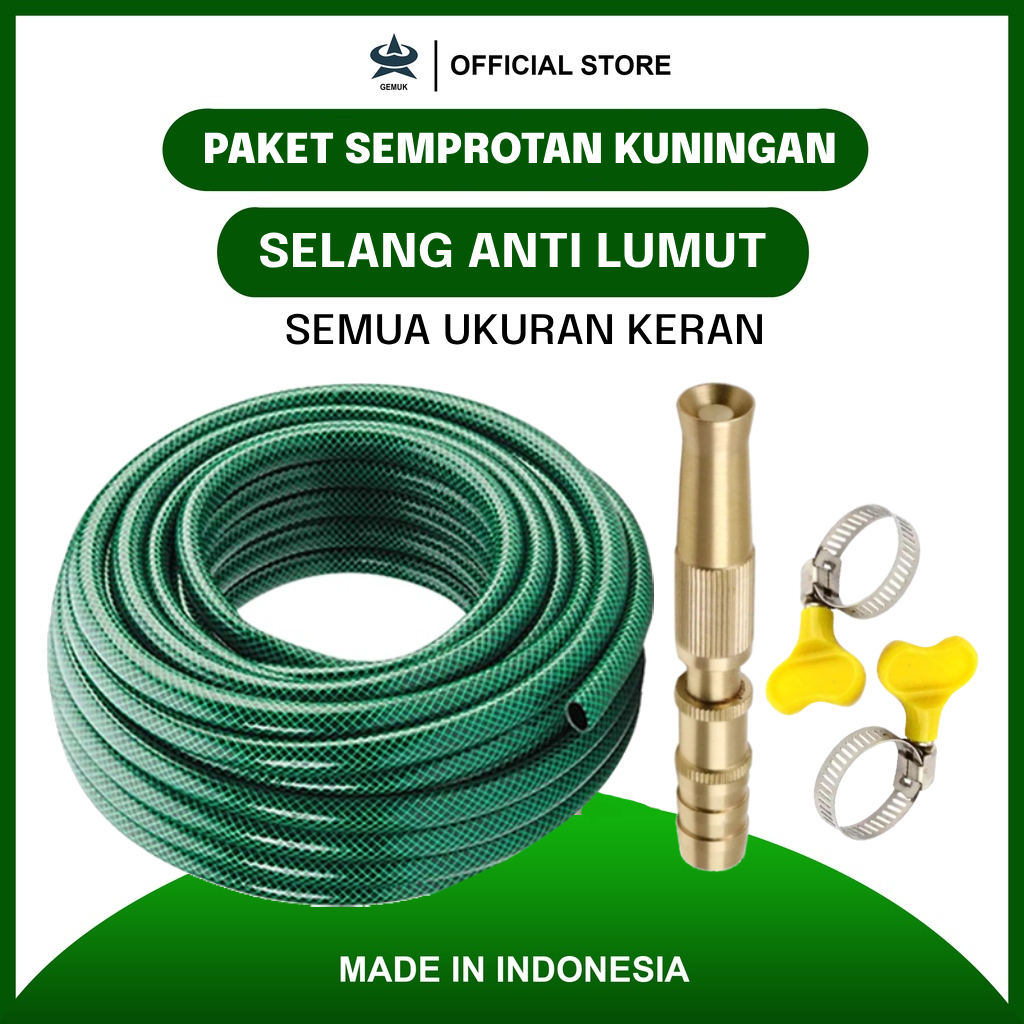 GEMUK Selang Air Cuci Motor 1/2 inch 15 Meter Sepaket Selang Air Benang Anti Lumut Dengan Semprotan Air Nozzle Kuningan Alat Cuci Mobil Siram Tanaman