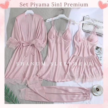 Piyama Wanita 5 In 1 Silk Sutra Premium Kimono Celana Panjang Pendek Dress Tanktop M XXL