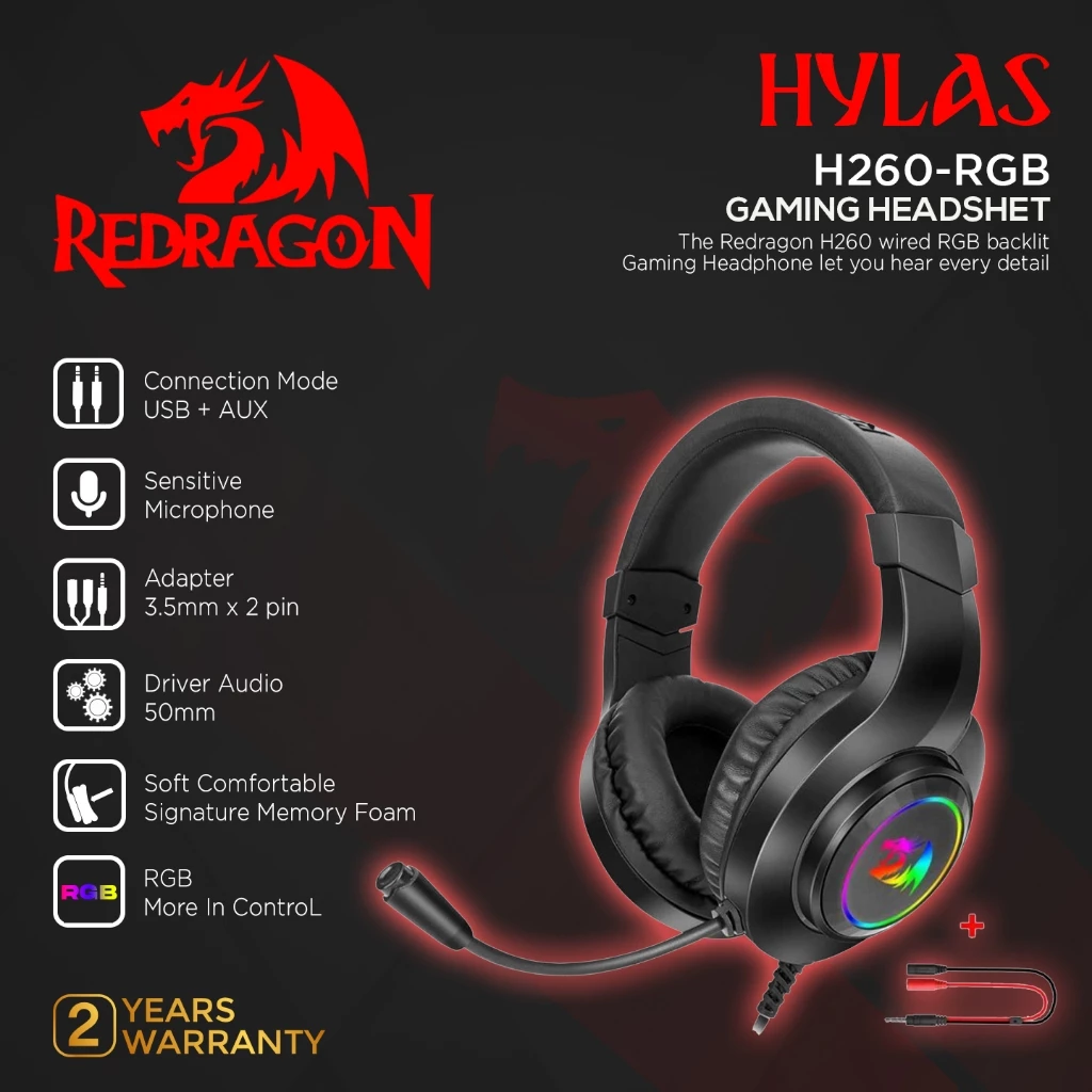Redragon Gaming Headphone RGB AUX HYLAS - H260RGB