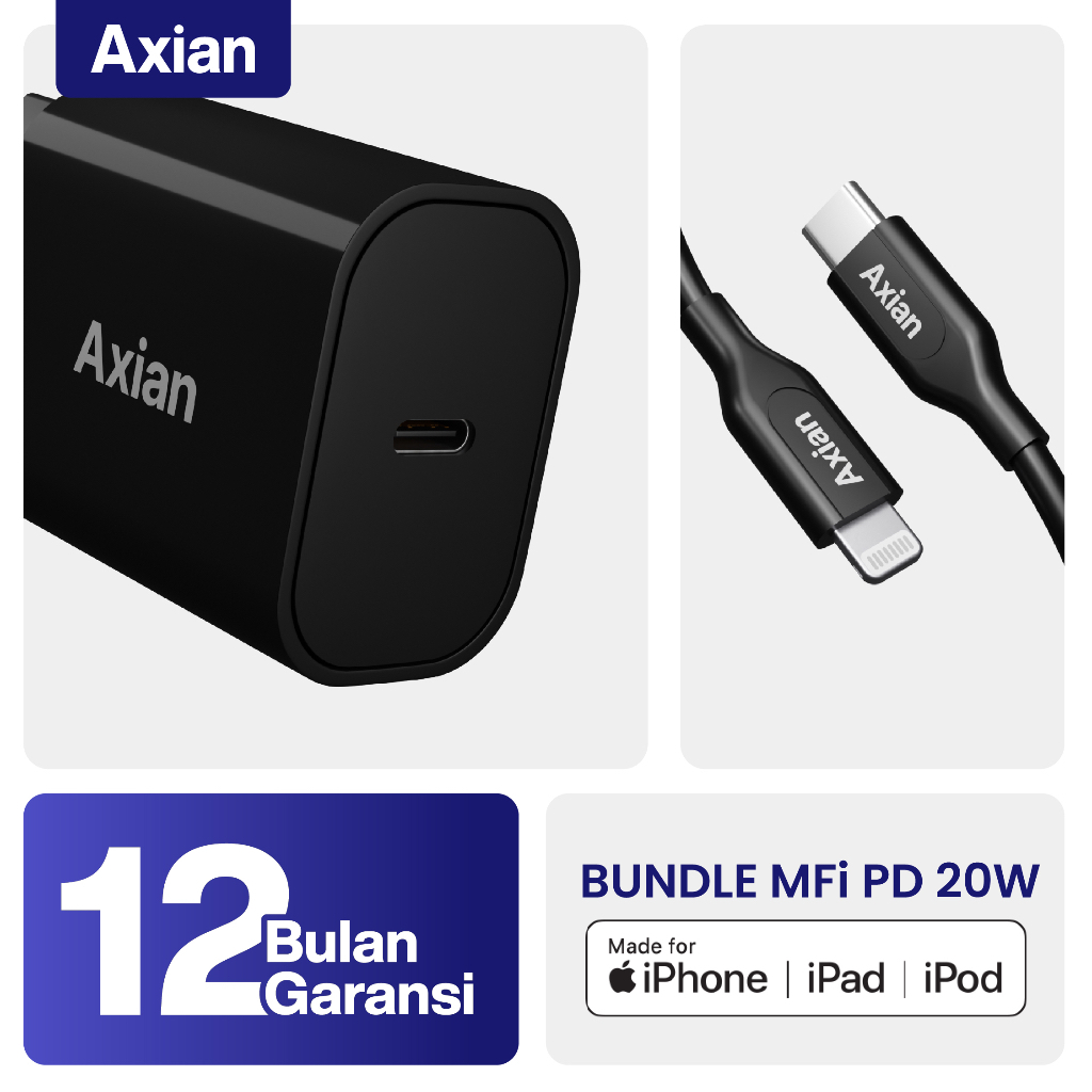 Jual Axian Charger Adaptor 20W + Kabel Lightning + Kabel Type C (SUPER ...