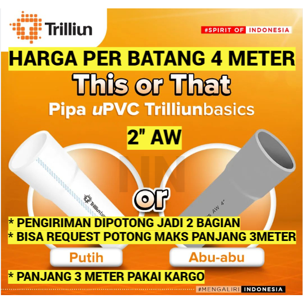 Jual PIPA 2'' DIM INCH AW 1 BATANG 4 METER PIPA AIR PIPA PVC PRALON