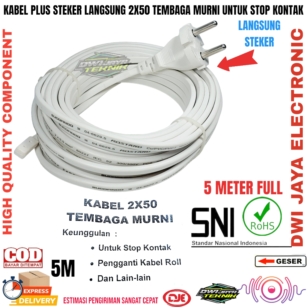 Jual Kabel Plus Steker Langsung 2x50 Tembaga Murni Panjang 5 Meter Full ...