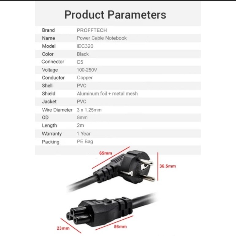Jual kabel power notebook proftech 1,8meter tebal 1,25mm | Shopee Indonesia