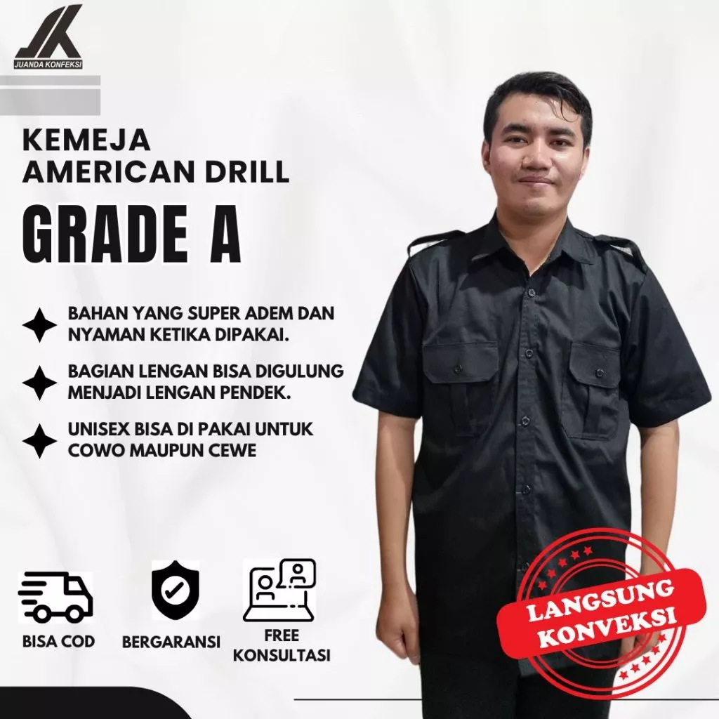 PROMO Kemeja Pria Polos Hitam American Drill | AutoStock