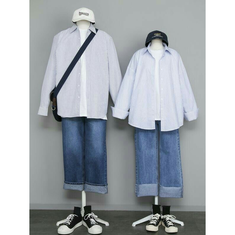 Jual Minha Couple Shirt Kemeja Salur Pria Wanita Korean Style - Baju