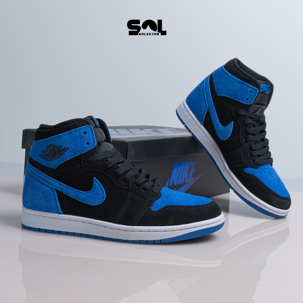 Sepatu Pria Air Jordan 1 Retro High OG Royal Reimagined Black Royal Blue White 14290