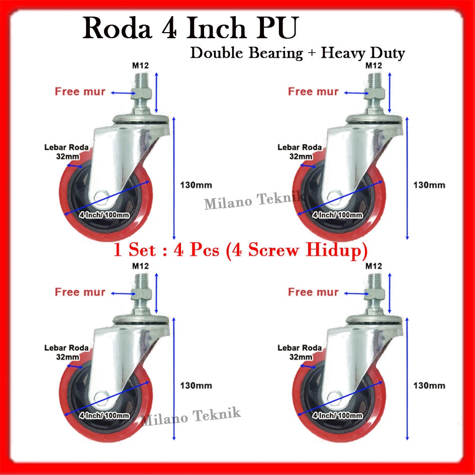 Jual Roda 4 inchi PU (1set:4pcs Screw hidup)+Double bearing Troli Heavy ...