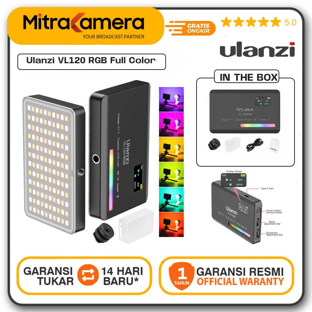 ULANZI VL120 RGB - Pannello LED Portatile 120 LED Con RGB, Temperatura Colore 2500-9000K, 20 Effetti Luce, Batteria 3100mAh, Per Fotografia E Video