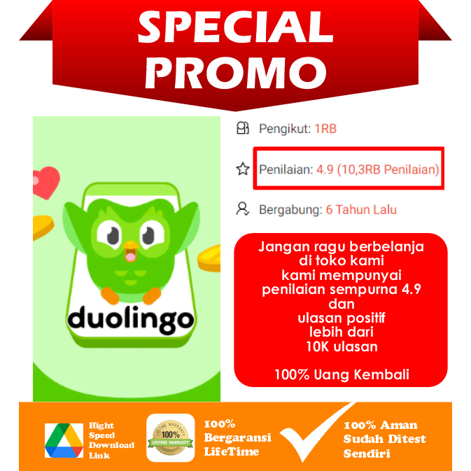 Jual [PROMO BELI 3 GRATIS 1] Super Duolingo unlock Premium No Trial Full Version Lifetime