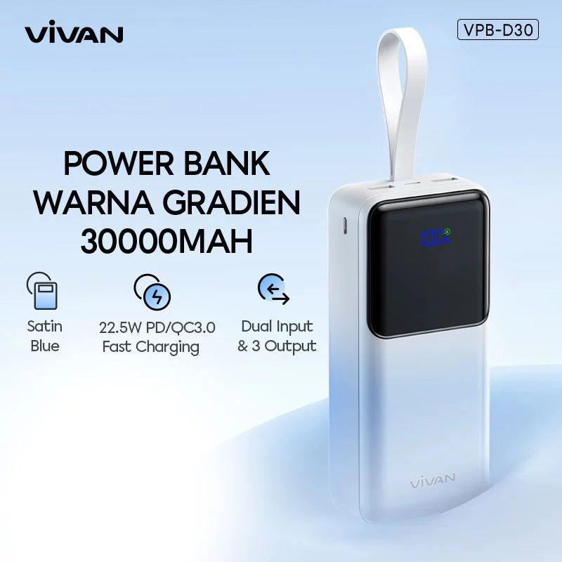 VIVAN Powerbank VPB-D30 30000mAh Fast Charging QC 3.0 PD 20W 2 Input & 3 Output - Garansi Resmi 18 Bulan