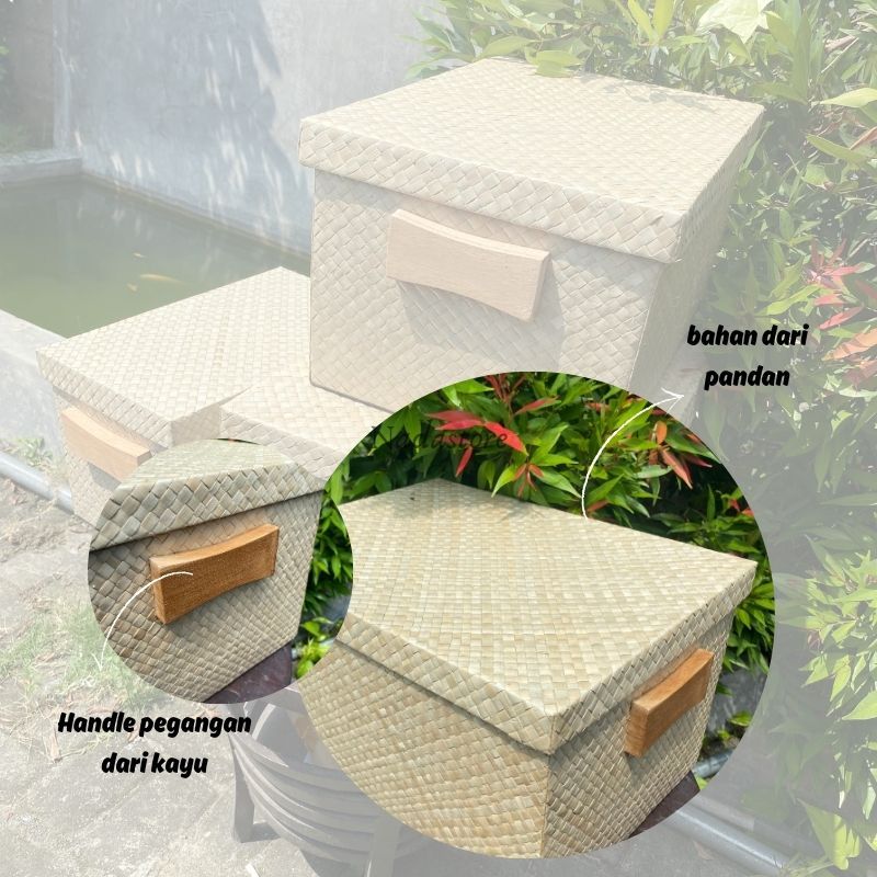 Jual Box Container Pandan Natural Handle Kayu / Storage Box Pandan ...