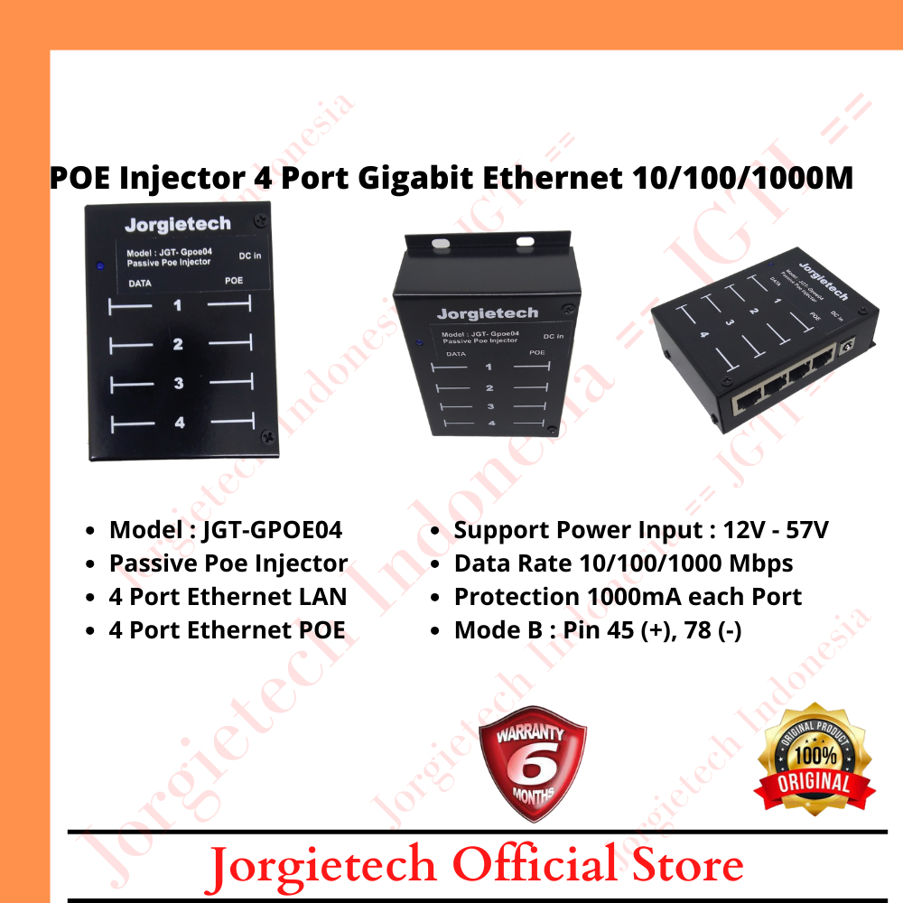 Jual Jorgietech JGT-GPOE04 Passive Poe Injector 4 Port Gigabit Ethernet ...