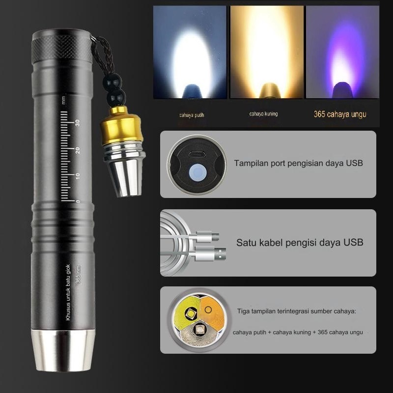 Jual Senter original 3 warna ungu, kuning, putih, senter UV batu / Giok ...