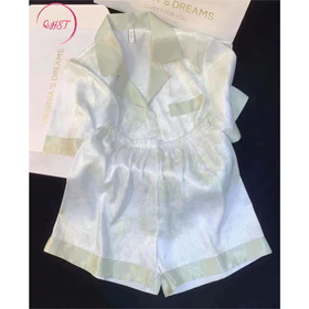 QHST Piyama Wanita Set Satin Bunga Tinta Hijau Pola Wanita Import Pajamas Wanita Baju Tidur