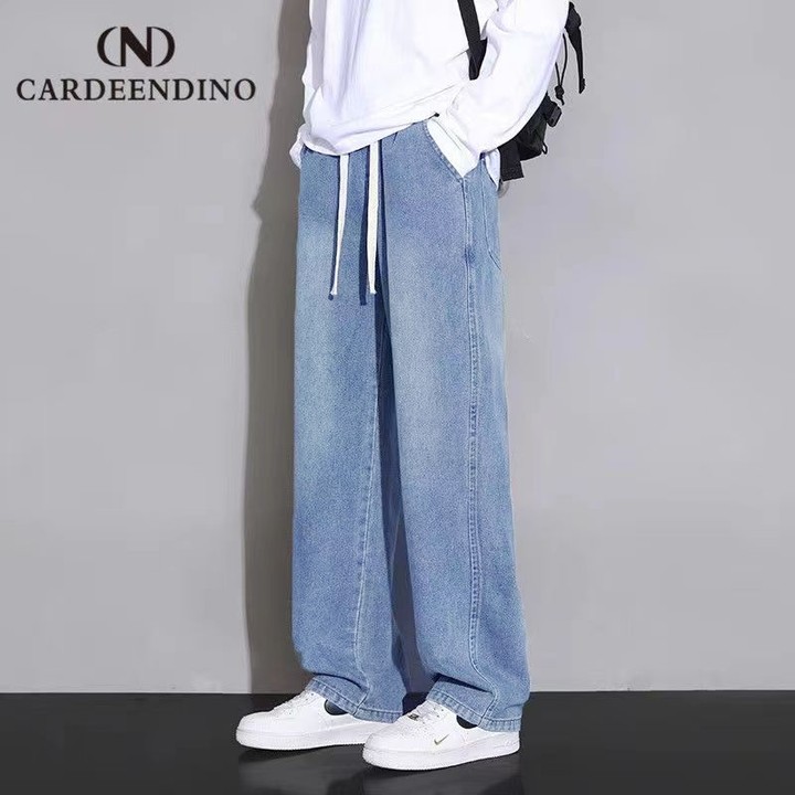 Celana jeans pria panjang straight korean style loose pants biru casual pinggang