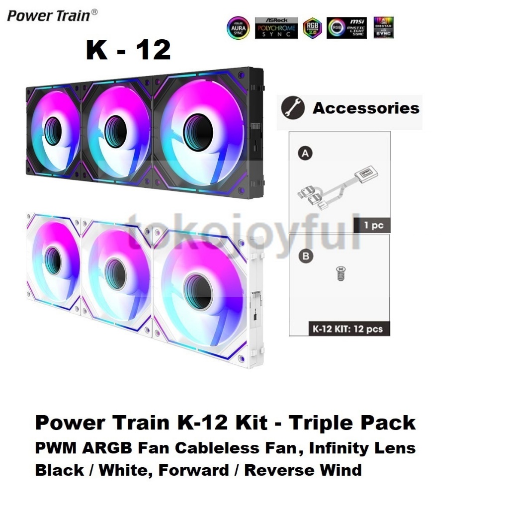 Jual Power Train K-12 Cableless Modular Fan ARGB PWM Fan 12cm Reverse ...