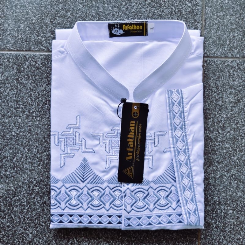 Baju Koko Putih Pria Dewasa Motif Bordir Montana Lengan Pendek Arfathan ARF031