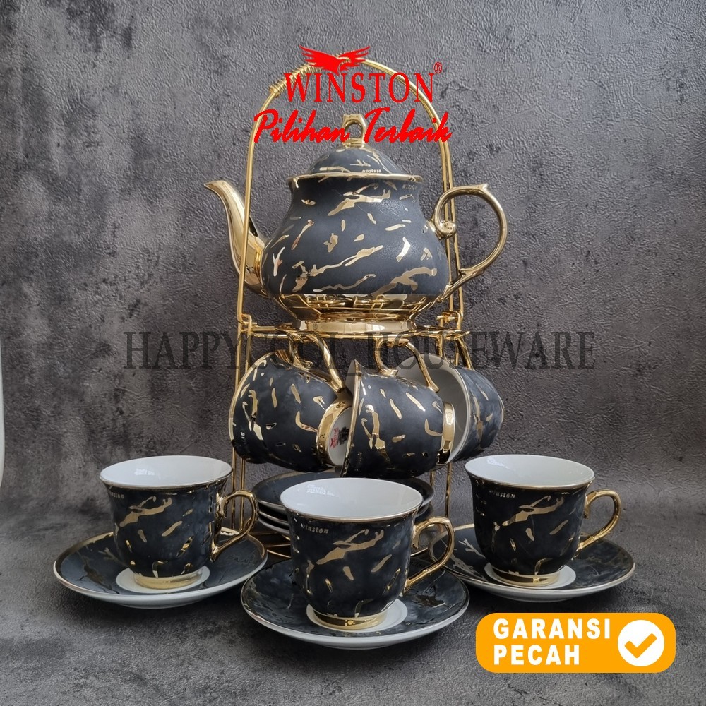 Jual WINSTON 1set Marmer Hitam Doff Tea Pot Rak Teko Cangkir Tatakan ...