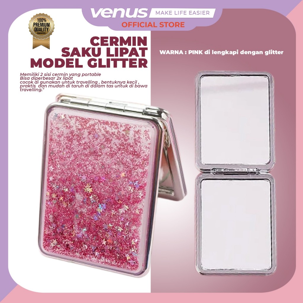 Jual Venusjkt Cermin Saku Glitter Kaca Rias Makeup Lipat Double Slide Leather Small Round