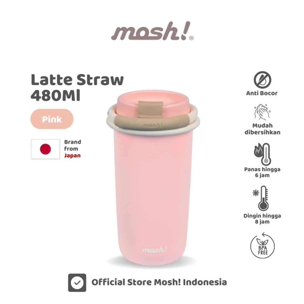 Mosh Straw Latte Tumbler - Botol Minum Stainless Steel 480ML - Pink