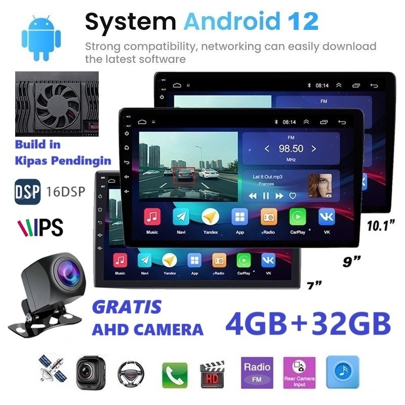 Head Unit Android 12 Double Din 7 Inci 9 Inchi 10 Inch 4GB+32GB Mobil - Android12 Kipas,