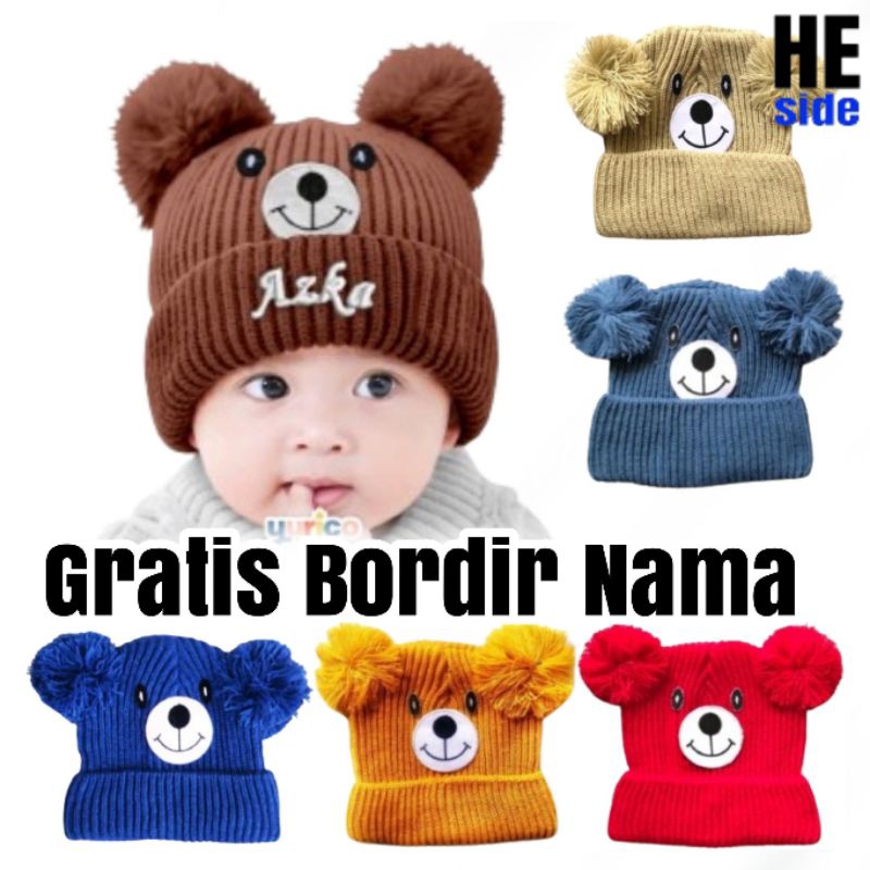 Jual Kupluk Rajut Bayi Karakter Bear Free Custom Nama | Shopee Indonesia