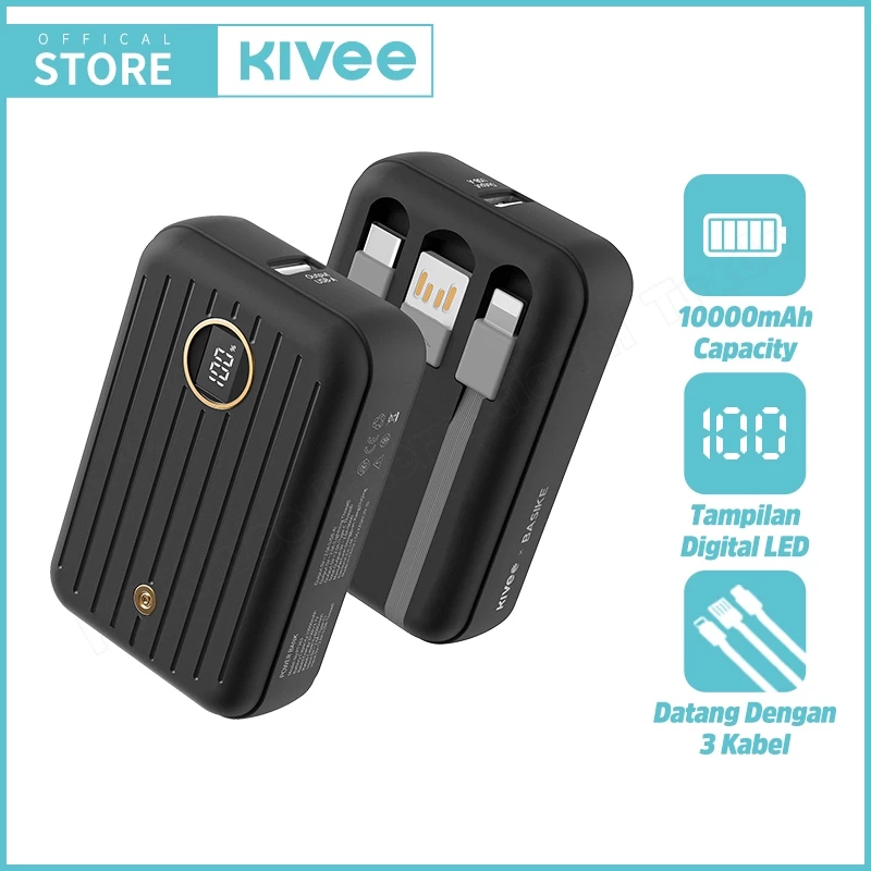 KIVEE Powerbank Mini Fast Charging 20W KV-PT163 10000mAh With Kabel Data 3 -in-1Type C Lightning USB