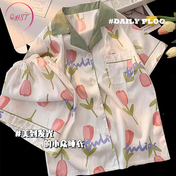 QHST Piyama Wanita Renda Hijau Pola Set Satin Import Pajamas Wanita Baju Tidur Wanita Dewasa