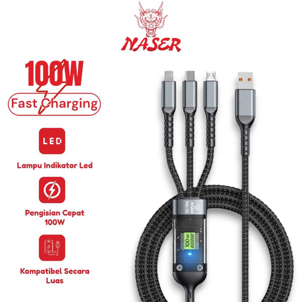 Jual KABEL NASER KK-13 / Kabel Data Charger Fast Charging 3in1 100W ...