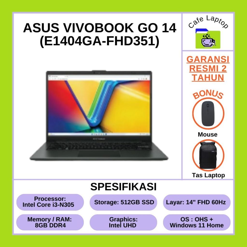 Jual Asus Vivobook Go 14 E1404ga Fhd351 Core I3 N3058gb512gb Ssd14″ Fhdwin 11 Homeohs 2021 4616