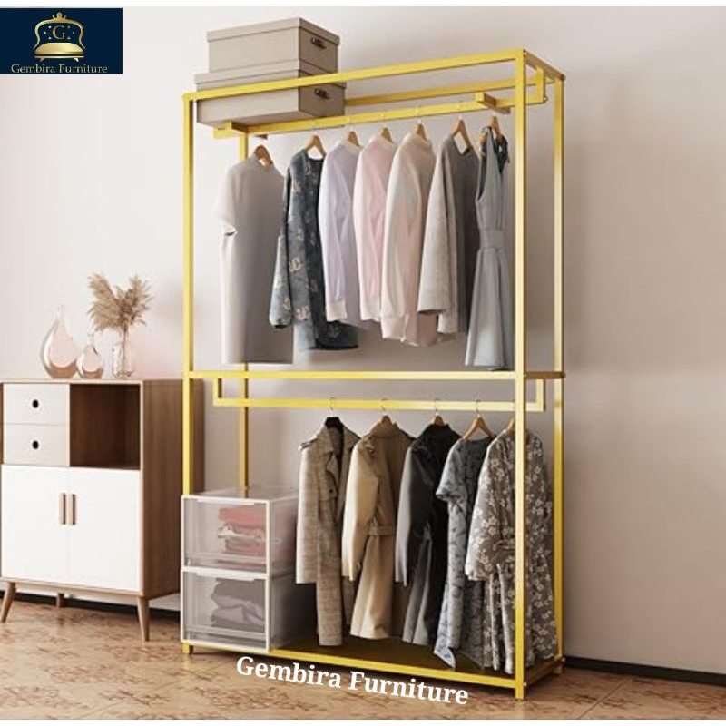 Jual hanger baju gawangan showcase rak display rack gold besi gantungan ...