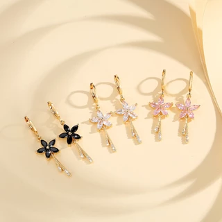 Lanme Jewelry Anting Panjang Kristal Bunga Lapis Emas Baja Tahan Karat Anti Luntur Aksesoris Baru Untuk Dewasa Dan Wanita LM519
