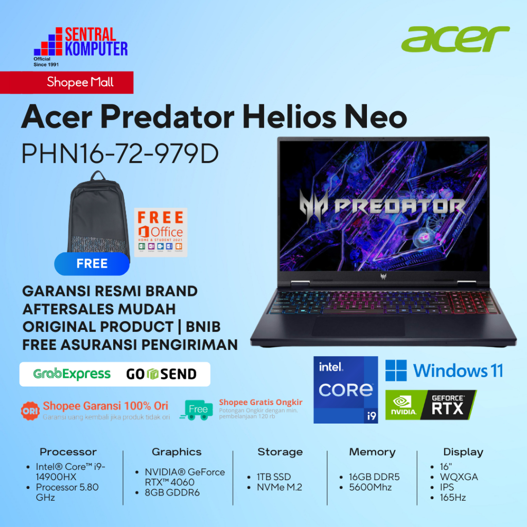 Jual ACER Predator Helios Neo 16 PHN16-72 i9-14900HX RTX4060 1TB 165Hz ...