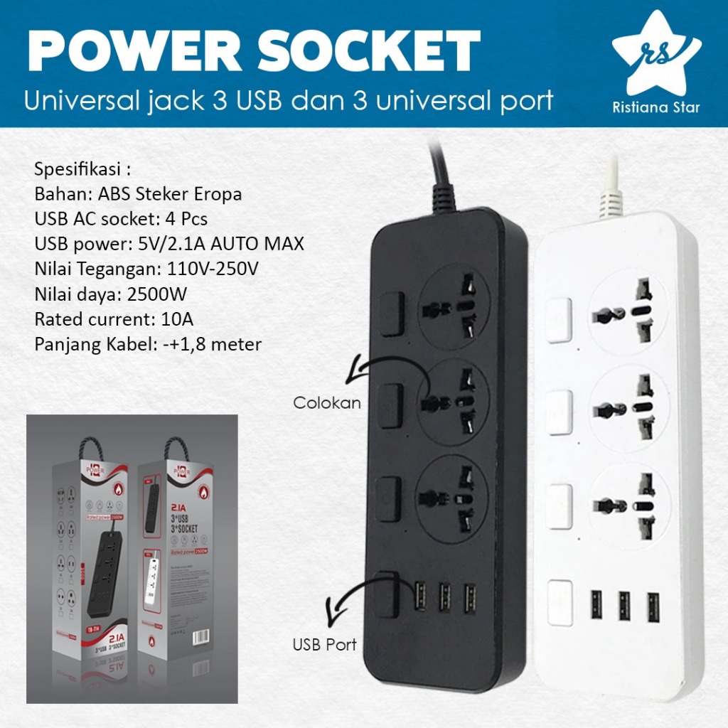 Jual RST | Stop Kontak / Power Strip 2.1A Fast Charging 3 USB Extension ...