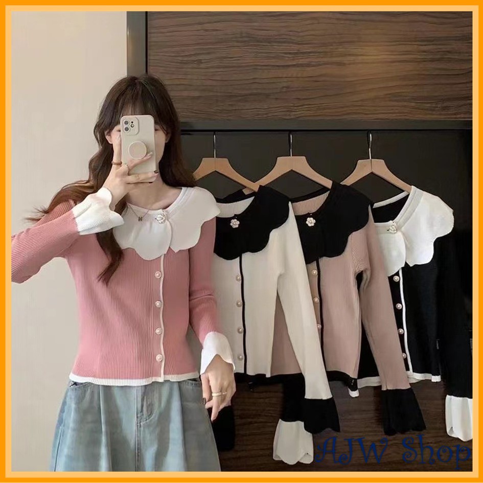 Jual AJW Atasan Wanita Retro Ruffle Knit Lengan Panjang RBD | Baju ...
