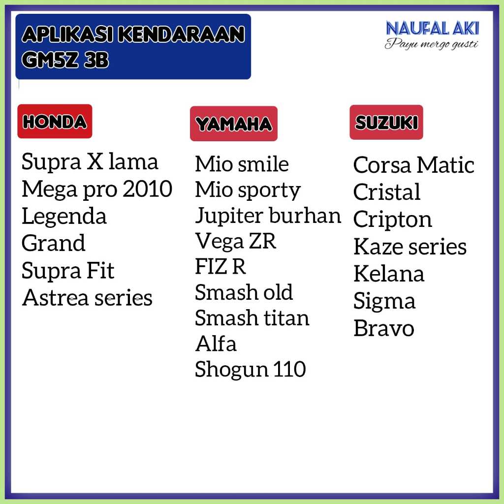 Jual Aki Mio Smile Sporty Supra FIT FIZ R Honda Grand Vega ZR GS Grand ...
