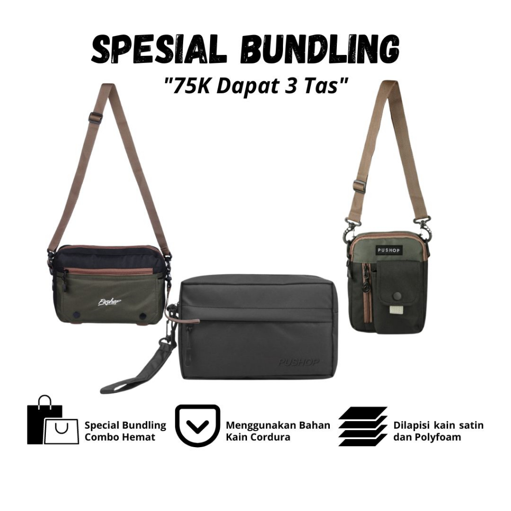 PUSHOP SPESIAL BUNDLING PSHP-75K01 Paket Hemat Tas Selempang Pria 75 Ribu  Dapat 3pcs Slingbag Handbag Cowok Sling bag Polos Waistbag