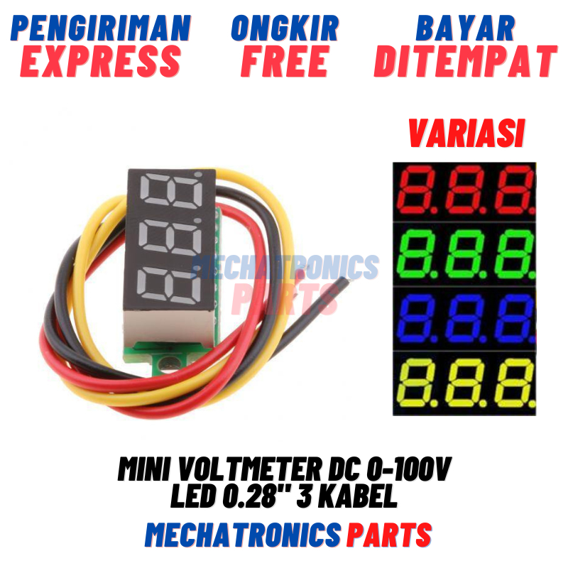 Jual Mini Voltmeter DC 0-100V LED Kuning Hijau Biru Merah 0.28