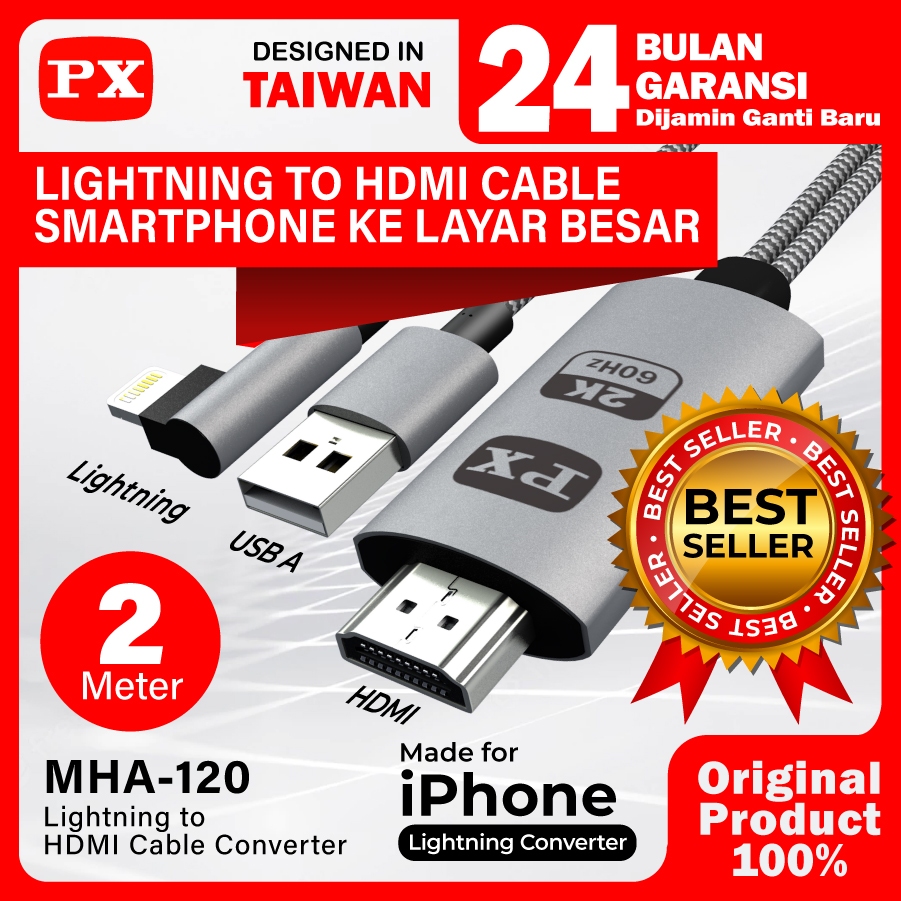 Kabel MHL Lightning Converter iPhone iPad ke HDMI meter PX MHA-120