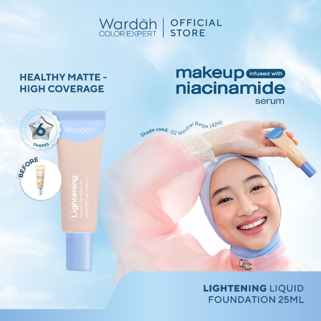 WARDAH Lightening Liquid Foundation 25ml - Base Makeup dengan Skin-Like to High Coverage yang Mengandung  SPF 40 PA+++ dan Serum Niacinamide Untuk Hasil Makeup Flawless dan Cerah - Makeup