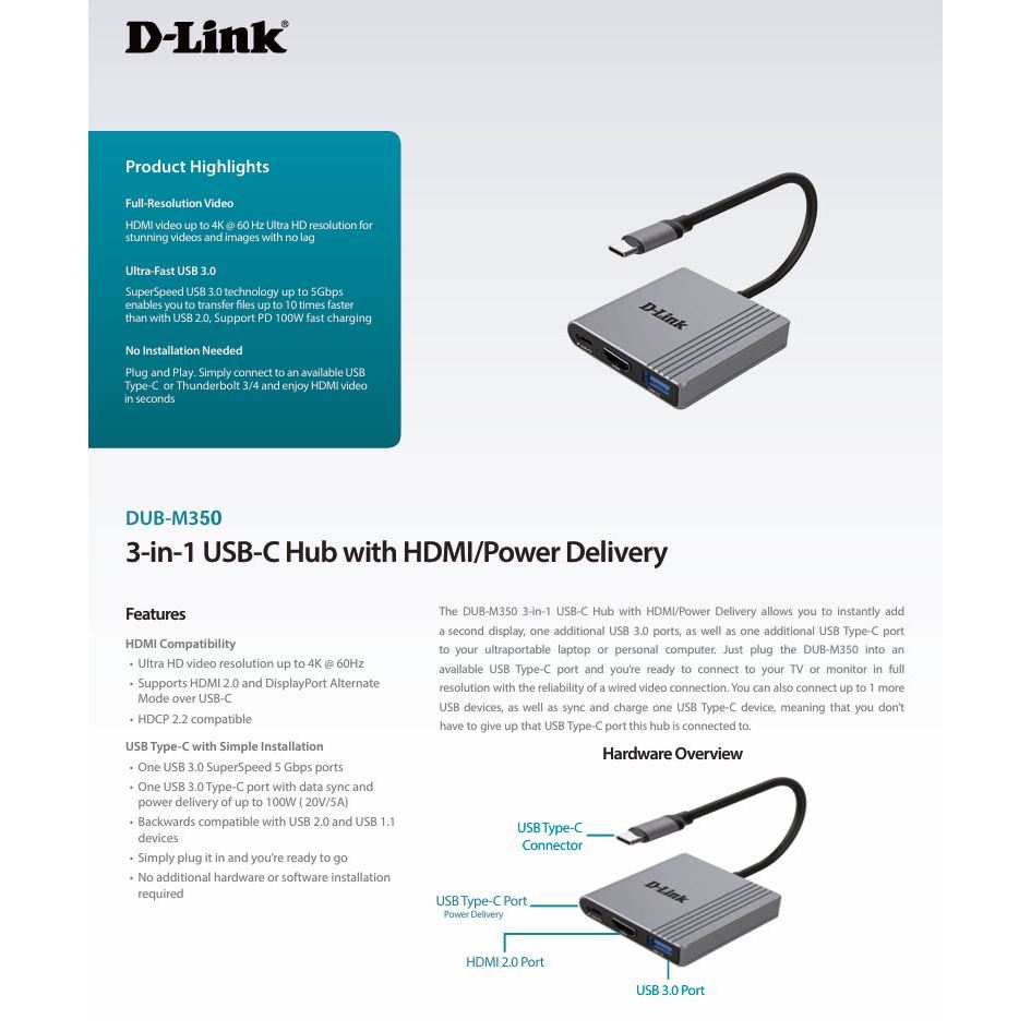 Jual D-Link DUB-M350 3-in-1 USB-C Hub with HDMI/Power Delivery | Shopee ...