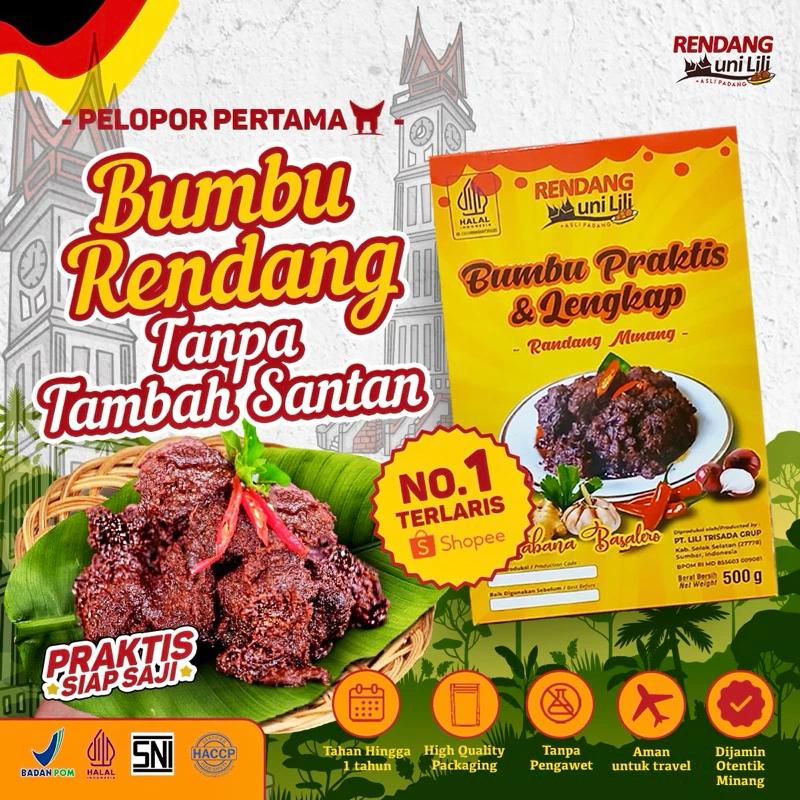 Kemasan bumbu rendang instan Uni Lili tanpa tambah santan untuk 1 kg daging