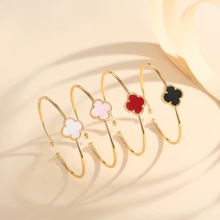 Lanme Jewelry Gelang Lapis Emas Semanggi Empat Daun Baja Tahan Karat Anti Pudar Untuk Wanita Dewasa Aksesoris Fashion Korea LM550
