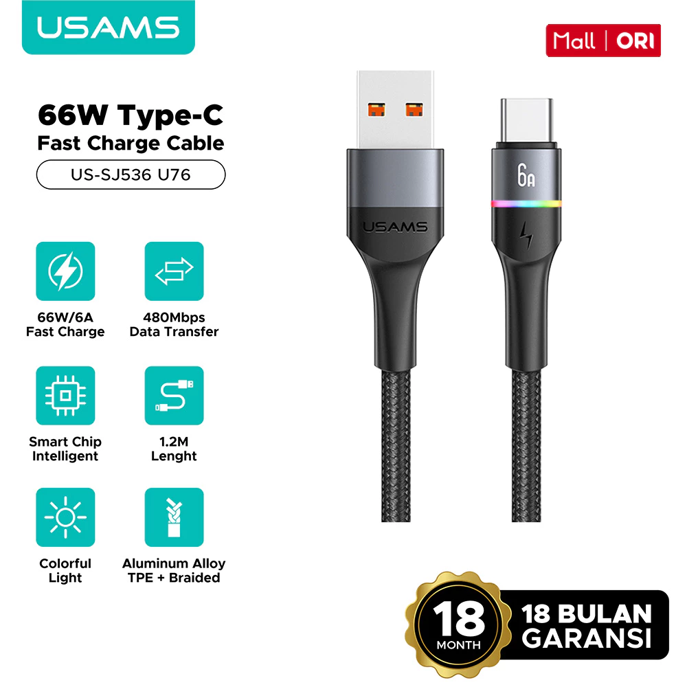 USAMS - SJ536 U76 Kabel Data Fast Charging USB to Type C 6A