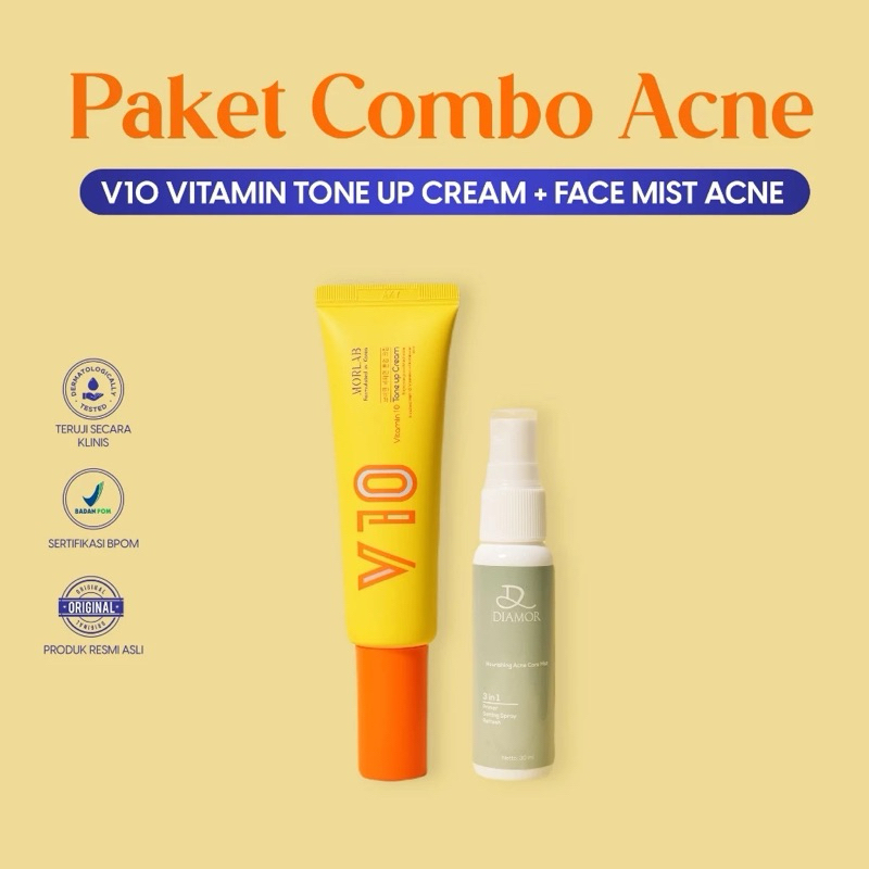 Jual MORLAB-PAKET COMBO ACNE (V10 TONE UP CREAM + FACEMIST DIAMOR ACNE ...