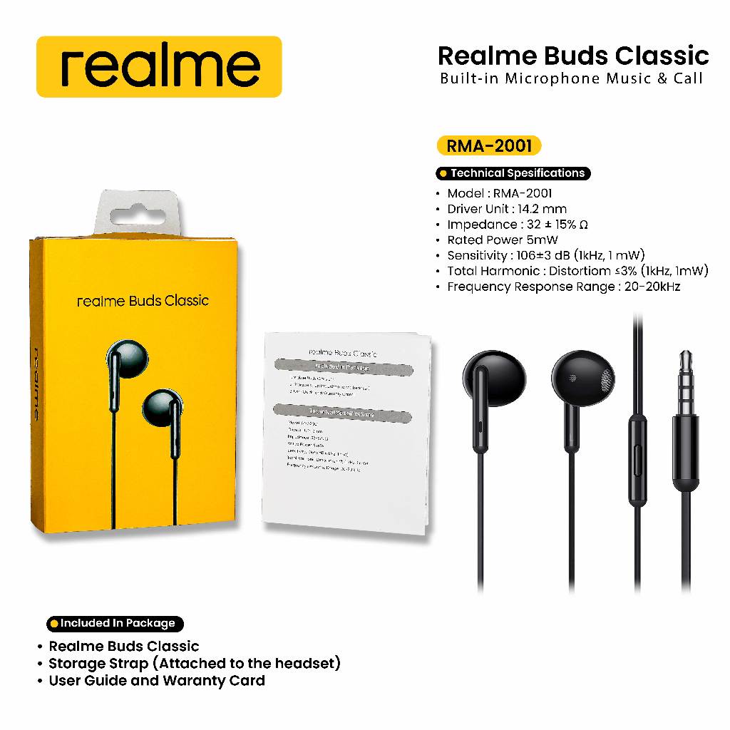 Headset Handfree Realme Buds Classic Original Rma-2001 Headset Realme  Ma-2001 Realme Buds Classic Ma20 Realme R112/R113/R50 With Mic Realme 