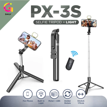 Tripod PX 3s Tinggi 170cm Wireless R1L Selfie Stick HP Lengkap Dengan Remot Bluetooth Dan Lampu