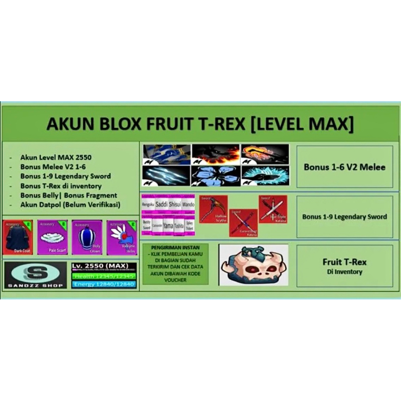 Jual Akun Blox Fruit T REX Level MAX Datpol Belum Verifikasi