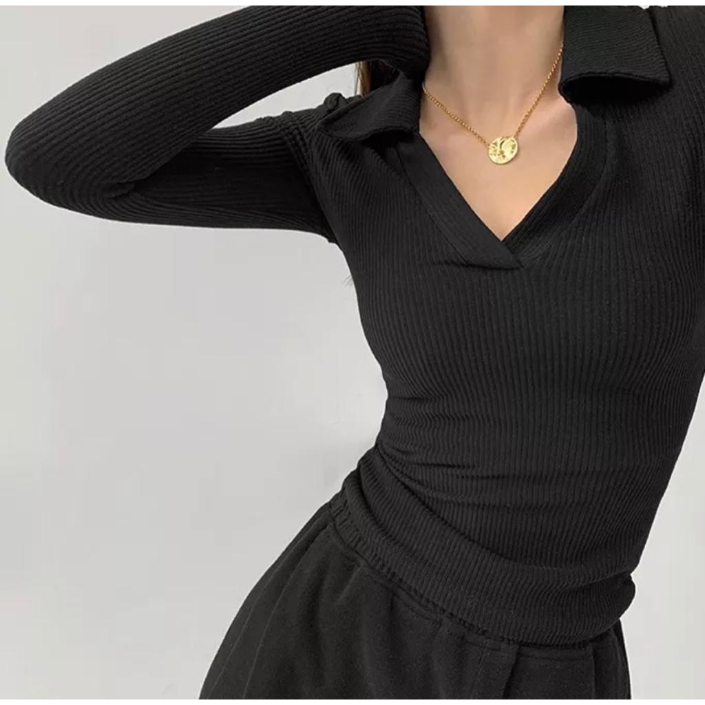 Jual ALENA LONG SLEEVE BAJU RAJUT POLO/BLOUSE RAJUT KERAH | Shopee